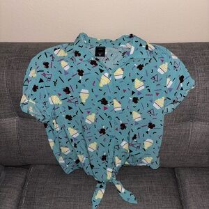 Teal Patterned Button-Up Crop Top